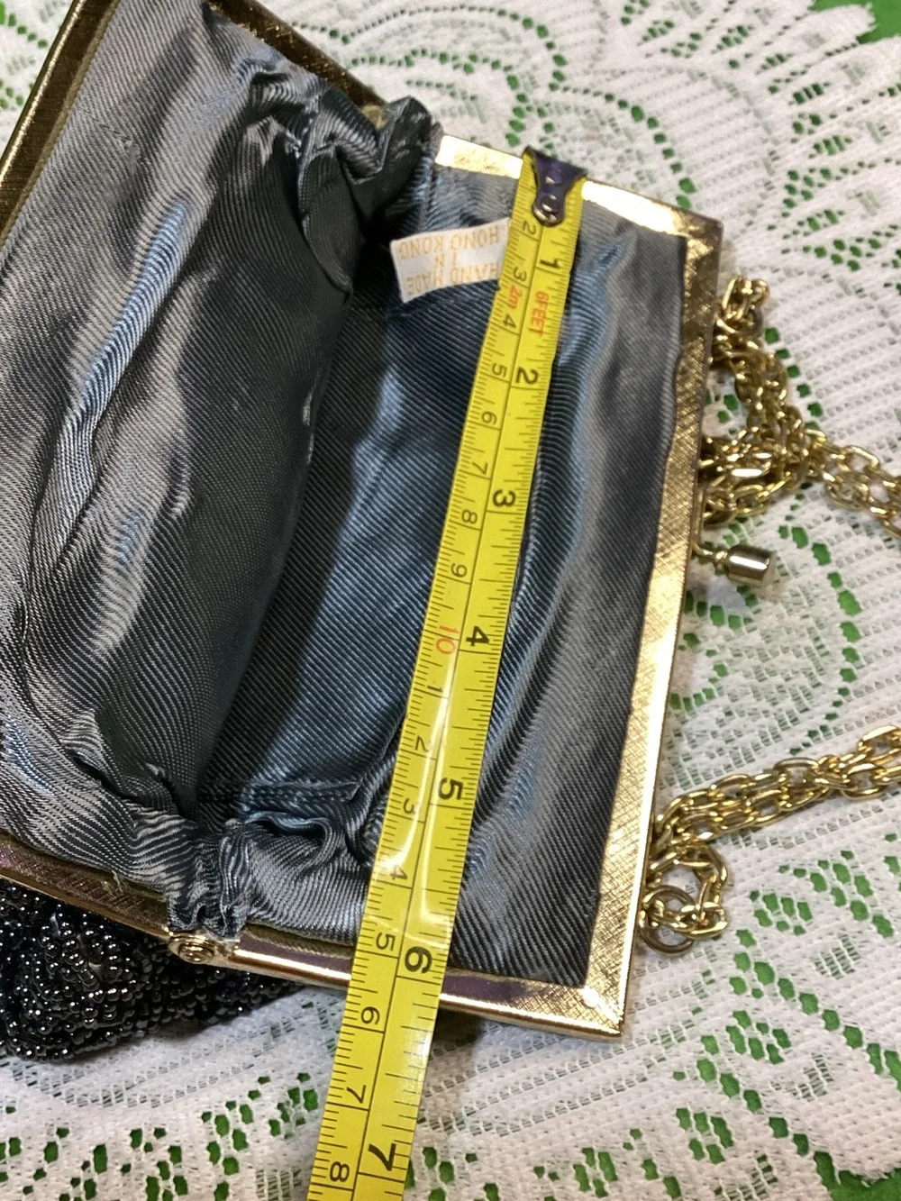 Vintage Black Beaded Evening Clutch with Gold Chain Handmade Hong Kong Kiss Lock